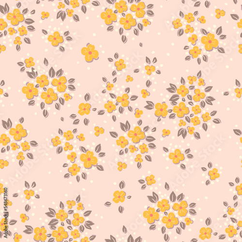 Seamless vintage pattern. Small yellow flowers on a light peach background. Vector texture. Fashionable print for textiles and wallpaper.