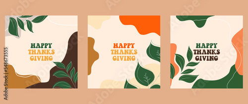 Happy Thanksgiving with autumn leaves. Hand drawn lettering text for Thanksgiving Day. Vector illustration. Manuscript. Calligraphic design for print greeting cards, shirts, banners, posters. Colorful