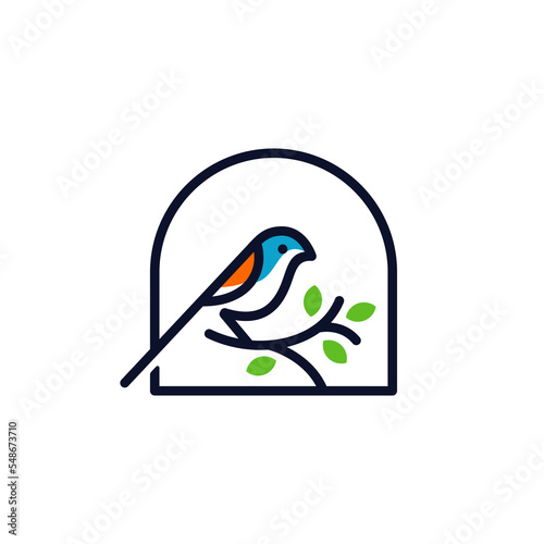 Line style logotype with a bird on a branch. bird logo vector icon template monoline color line art outline
