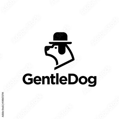 classy dog and bowler hat logo. fashionable dog head logo design. animal wear elegant bowler hat. gentlemen dog design