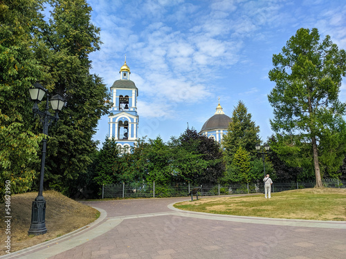 Moscow, Russia - August 30, 2022: Tsaritsyno Museum-Reserve. View of the dome and tower with bells Church of the Icon of the Mother of God