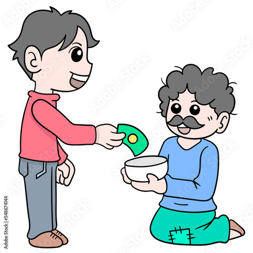 Doodle drawing of a kind and handsome young man giving alms of money to a beggar