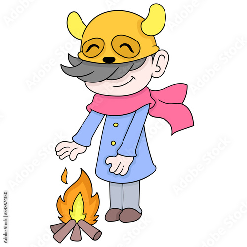 Doodle drawing of a man wearing a scarf and warming himself at a campfire