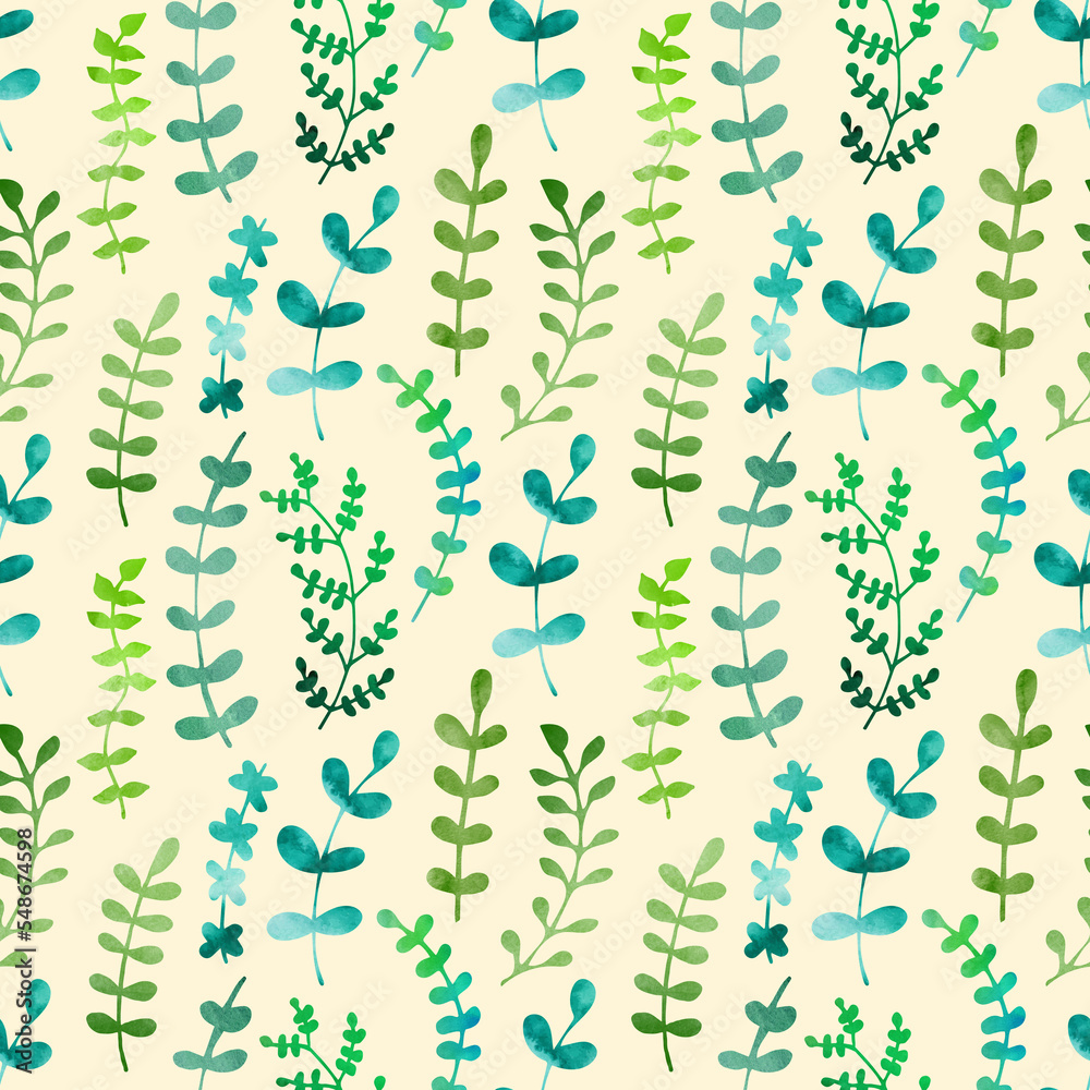 Fototapeta premium Watercolor seamless pattern of green leaves. Simple repeat print. Greenery, grass, summer, spring