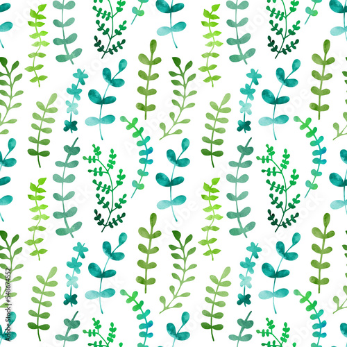 Watercolor seamless pattern of green leaves. Simple repeat print. Greenery, grass, summer, spring