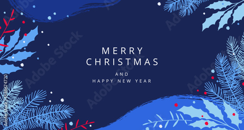 Merry christmas and happy new year banner. Winter holidays artistic template. Vector illustration for card, poster, cover, print, wallpaper, decor, header, social media post, advertisement