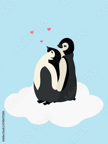 Cute penguins in a flat style on a blue background with hearts. Vector illustration