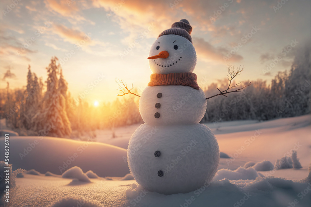 Fototapeta premium Cute snowman in winter landscape