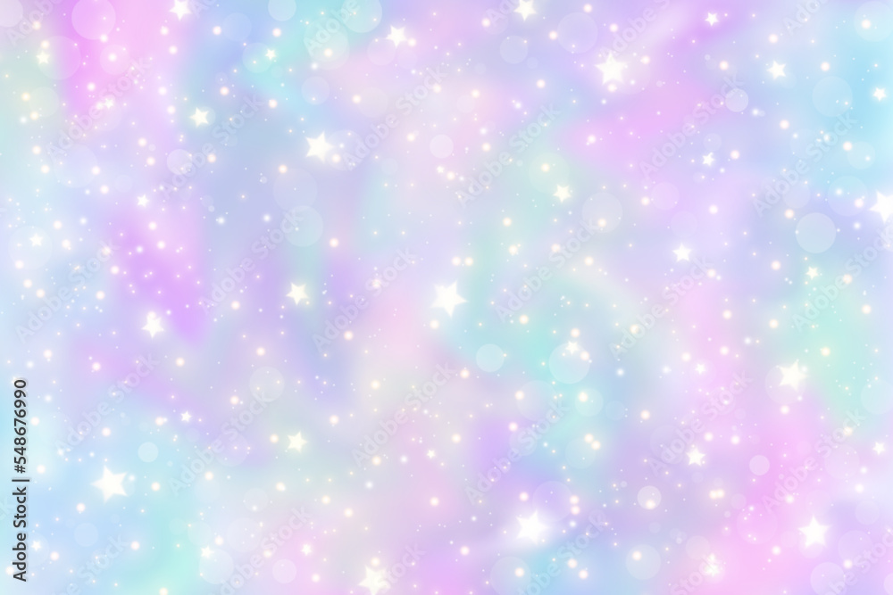 Rainbow unicorn background. Pastel gradient color sky with glitter stars. Magic pink galaxy space. Vector fairy abstract pattern.