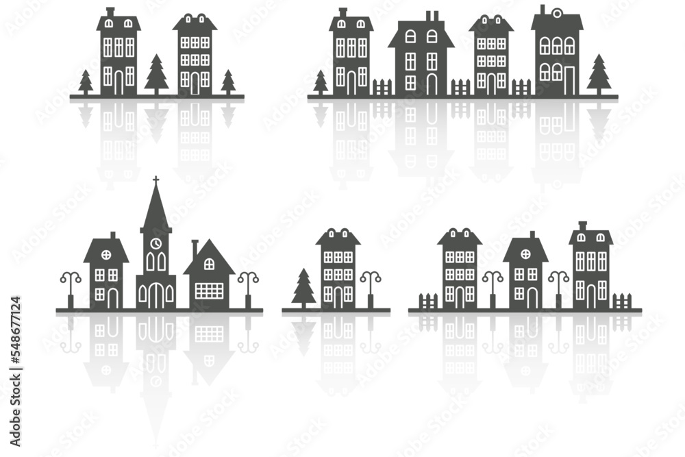 Suburban neighborhood landscape. Silhouette of houses and church on the skyline. Countryside cottage homes. Glyph vector illustration with reflection.