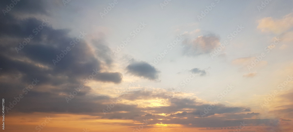 Dramatic panorama sky with cloud on sunrise and sunset time. Panoramic cloudscape background