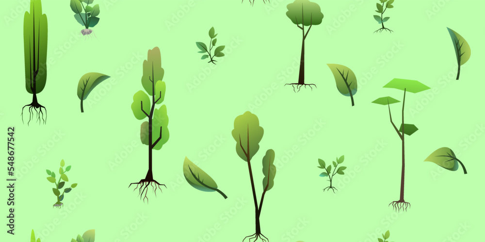 Seedlings of young trees with roots. Garden plants. Fruit plantings. Seamless pattern. Vector