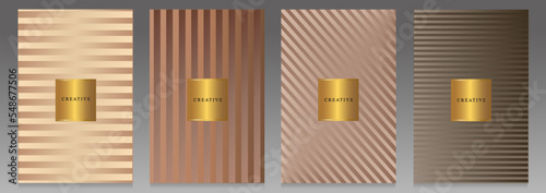 Elegant cover design set. Pattern with brown and beige lines. Modern brochures and backgrounds: vertical, horizontal and oblique stripes, glossy and metallic effect.