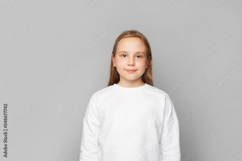 Closeup studio portrait of happy adorable child girl on white background. Childhood concept Closeup studio portrait of happy adorable child girl on white background. Childhood concept