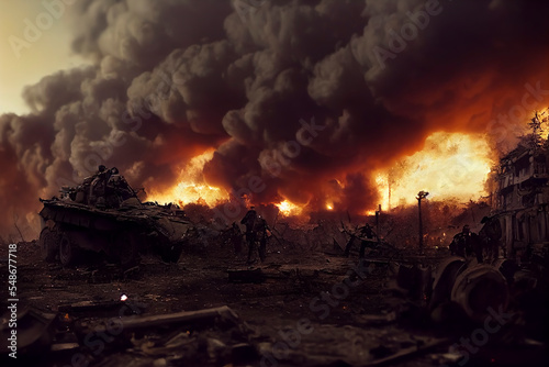 Thema Krieg oder Terror: Explosion mit Trümmer oder Ruinen, Feuer und Qualm