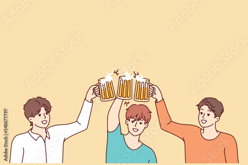 Smiling young men clinking glasses drinking beer together. Happy guys cheers enjoy party have fun. Friendship concept. Vector illustration. 