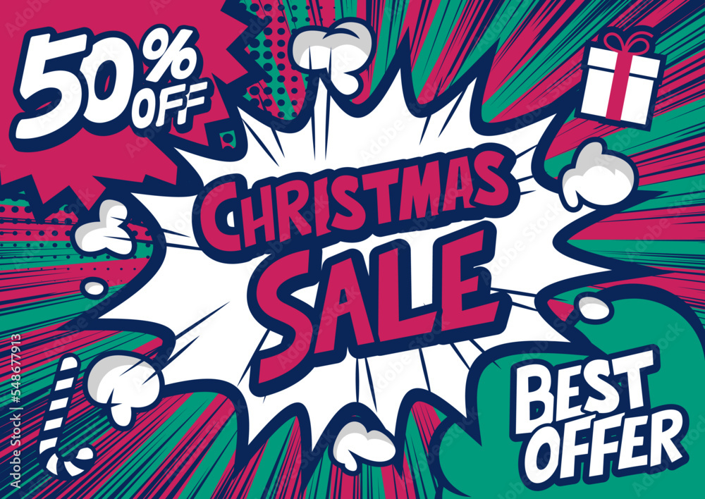 50%off Christmas sale typography pop art background, an explosion in comic book style.