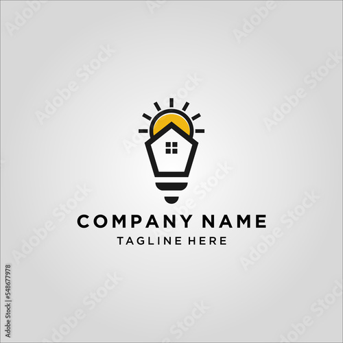 Sun house logo design. Minimalist house logo. Solar house symbol emblem. Vector real estate building icon sign. Sunrise logo. Types of solar energy logos