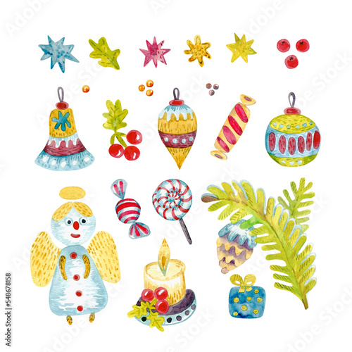 A set of watercolor holiday pictures similar to a child's drawing. Christmas angel, candle, Christmas tree decoration, stars, Christmas branch. Cute cartoon characters illustrations are arranged separ