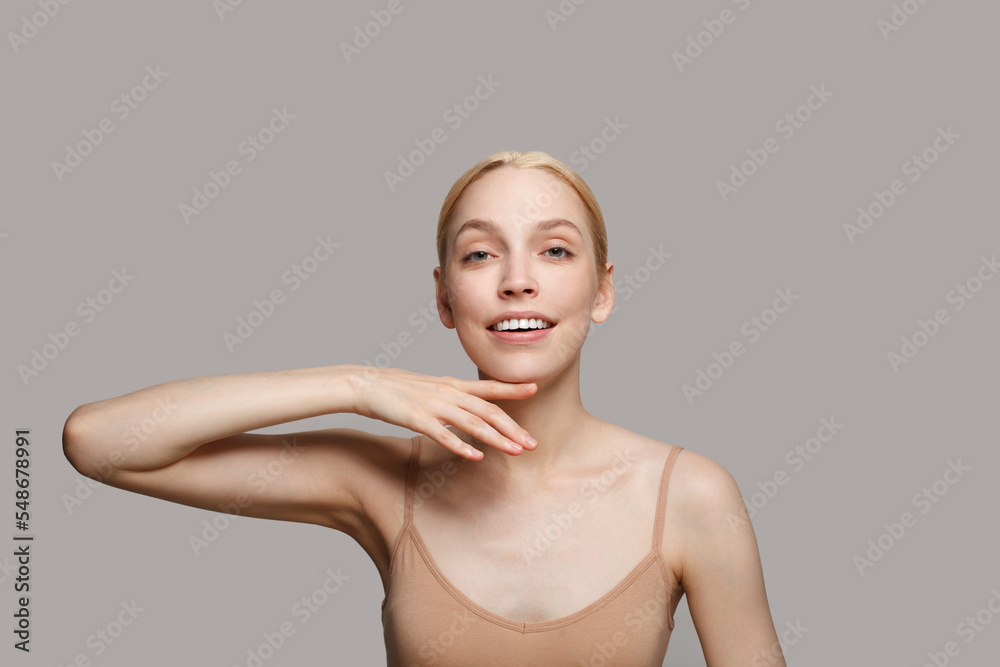 Studio portrait of pretty young spa model woman on white background. Facial treatment, cosmetology, skincare, hydration, hygiene and beauty concept Studio portrait of pretty young spa model woman on white background. Facial treatment, cosmetology, skincare, hydration, hygiene and beauty concept