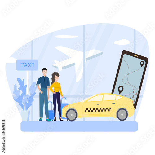 Tourism and city travel concept. Vector flat people illustration. Tourist family with child hold baggage and backpack. Smartphone, city map and taxi car on airport background © Sasha