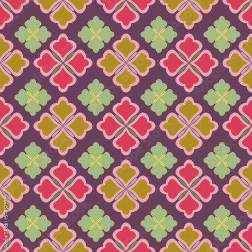 Japanese style ornamental seamless vector pattern. Floral green and pink block print background in repeat. 