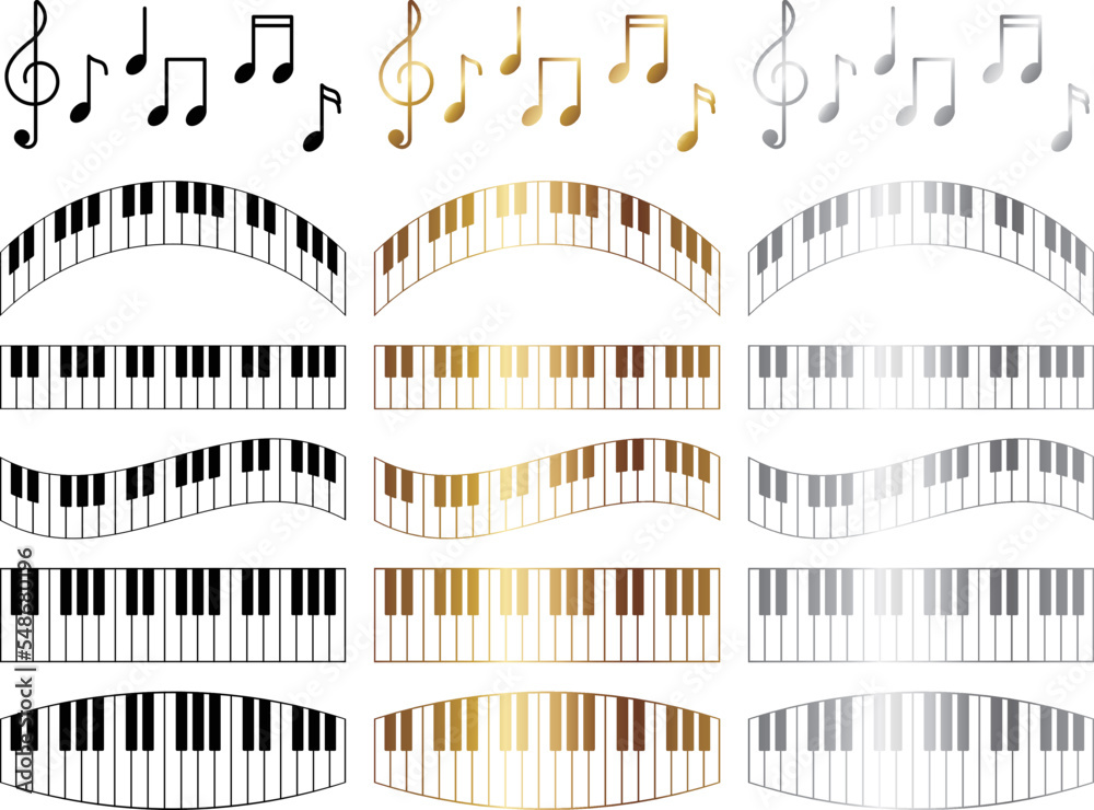 ピアノの鍵盤と音符の装飾セット