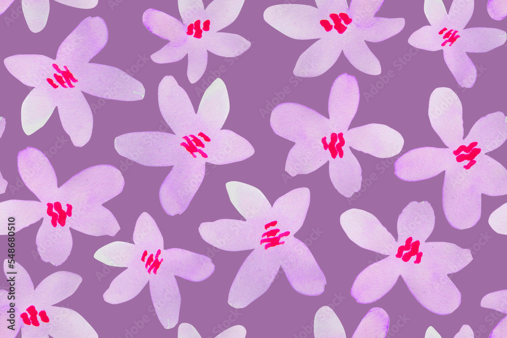 Seamless pattern with watercolor painted purple flowers.