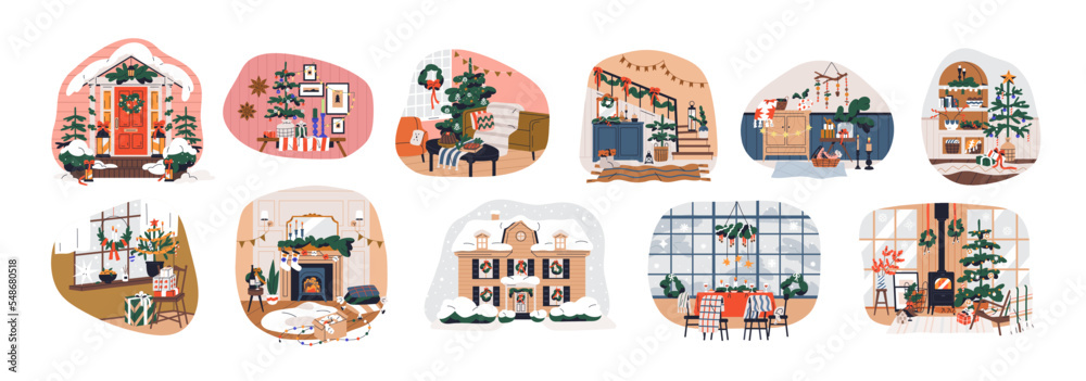 Christmas home interiors decorated with holiday ornament, Xmas decoration. Rooms indoors, house outdoor with cozy New Year adornment. Flat graphic vector illustration isolated on white background - obrazy, fototapety, plakaty 