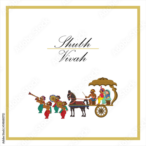 Wedding Invitation Template Layout With Indian Couple Image In White And Orange Color. performer on the way, horse, wedding ceremony,