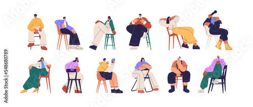 People sit on chairs set. Young men, women on seats in different positions, poses. Characters on stools portraits, looking, listening, waiting. Flat vector illustrations isolated on white background