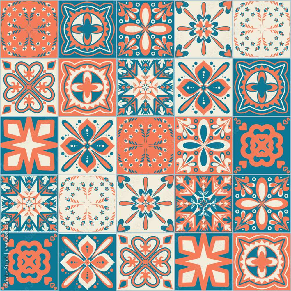 Ceramic tile design square ceramic tiles in Spanish Azulejo talavera style, vector illustration