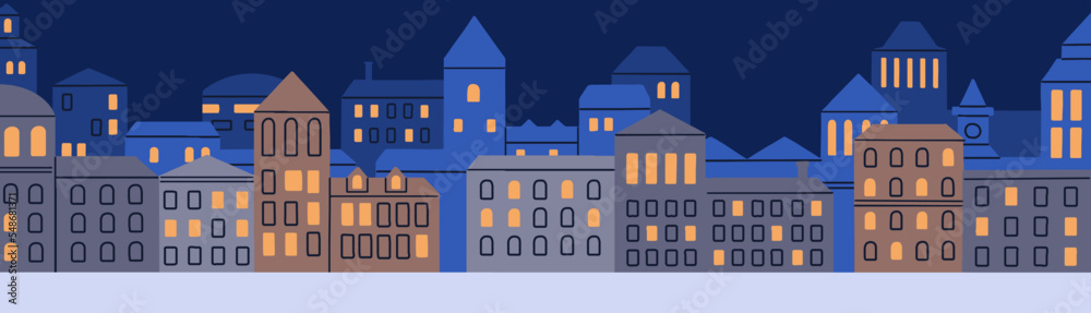 Night city with cozy houses, buildings lights. Europe old town panorama. Panoramic view of empty street at dusk, evening. Nighttime urban landscape, scenery in twilight. Flat vector illustration