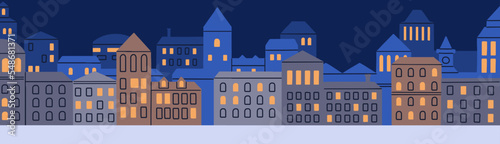 Night city with cozy houses, buildings lights. Europe old town panorama. Panoramic view of empty street at dusk, evening. Nighttime urban landscape, scenery in twilight. Flat vector illustration