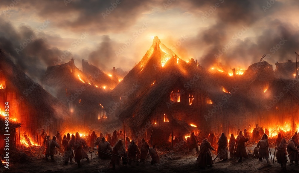 Medieval village is on fire, houses are engulfed in flames, fire in city.  Attack of the Viking barbarians on the medieval village settlement. War in  the kingdom. 3d illustration Stock Illustration |