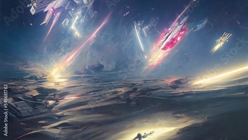 Print op canvas Space battle of spaceships and battle cruisers, laser shots sparks and explosions