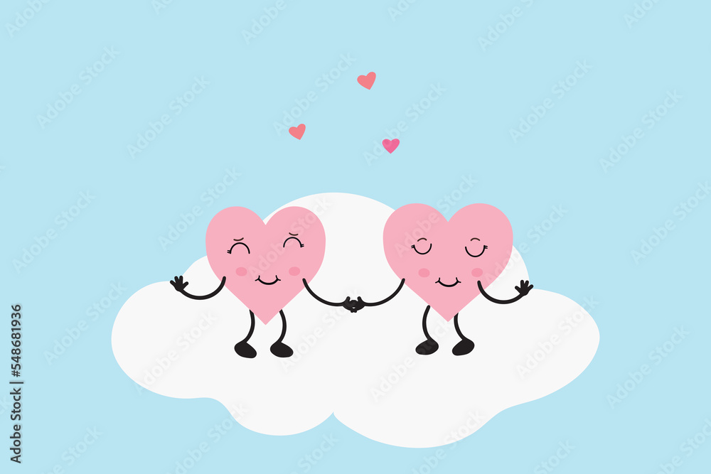 Two cute hearts in kawaii style. Hand drawn cartoon characters.Love concept. Vector illustration Two cute hearts in kawaii style. Hand drawn cartoon characters.Love concept. Vector illustration