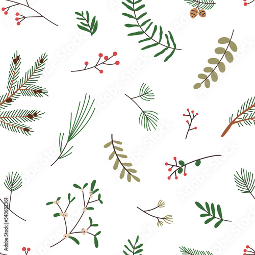 Christmas floral pattern. Seamless nature background, tree branches, leaf, plants, twigs, berries. Winter holiday repeating print for wrapping, fabric, decoration. Colored flat vector illustration