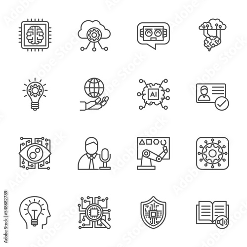 AI Artificial Intelligence technology and Machine Learning Icons, Vector thin line icons set.