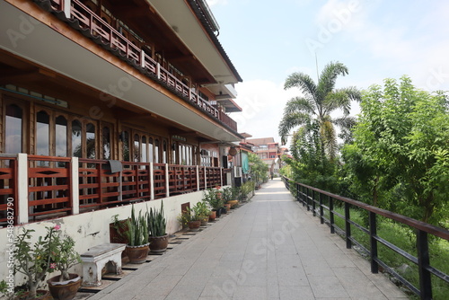 Beautiful landscape wooden hotel and restaurant Riverside in the morning at Chiang Khan the old town of Loei ,Thailand.
