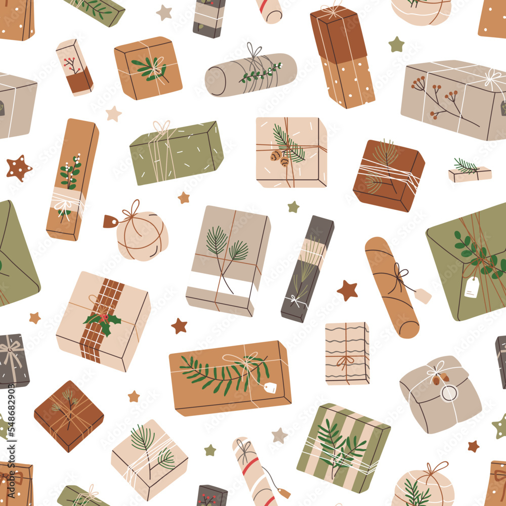 Christmas gifts pattern. Seamless background with Xmas present boxes in brown paper, kraft wrapping. Holiday craft surprises repeating print, texture design. Flat vector illustration for decoration - obrazy, fototapety, plakaty 