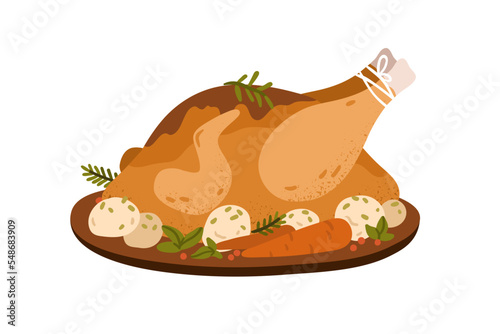 Christmas turkey roasted with vegetables. Whole chicken grilled cooked for holiday dinner. Xmas and Thanksgiving festive dish, traditional food. Flat vector illustration isolated on white background