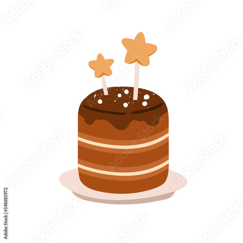 Chocolate pastry. Sweet mini cake with cream between choco sponge layers. Small dessert with star sticks, sugar powder and glaze. Holiday food. Flat vector illustration isolated on white background