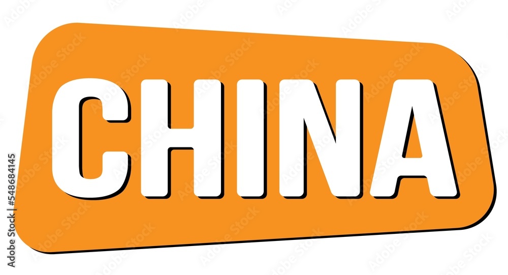 CHINA text on orange trapeze stamp sign.