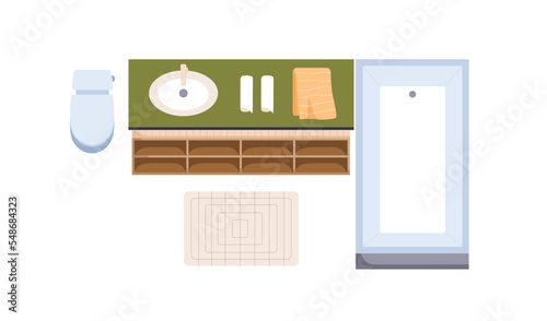 Bathroom interior design, top above view. Overhead washroom with furniture. Bath room, restroom plan with tub, washbasin, toilet latrine, mat. Flat vector illustration isolated on white background