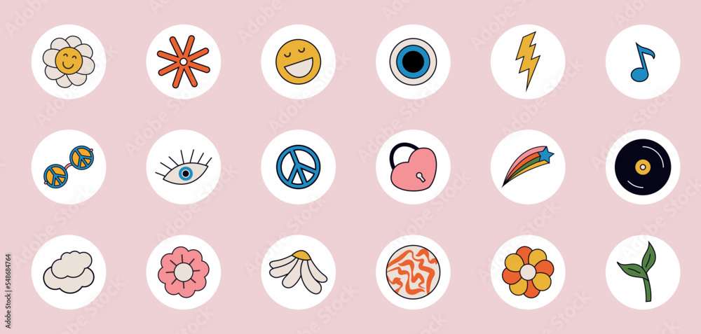 Groovy hippie 70s set. Funny cartoon flower, rainbow, peace, Love, heart, daisy, mushroom etc. Sticker pack in trendy retro psychedelic cartoon style. Isolated vector illustration. Groovy hippie 70s set. Funny cartoon flower, rainbow, peace, Love, heart, daisy, mushroom etc. Sticker pack in trendy retro psychedelic cartoon style. Isolated vector illustration.