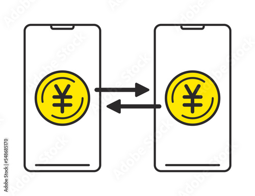 日本円をスマホに送金・振込・支払いしているイラスト　線画アイコン