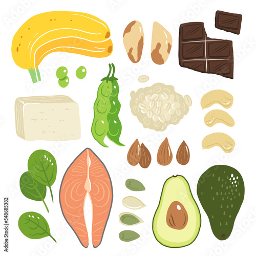 Magnesium vector stock illustration. Food products with a high content of the mineral. fatty fish, tofu, avocado, oats, spinach, almonds, cashew nuts, banana. Information poster. Food, diet.