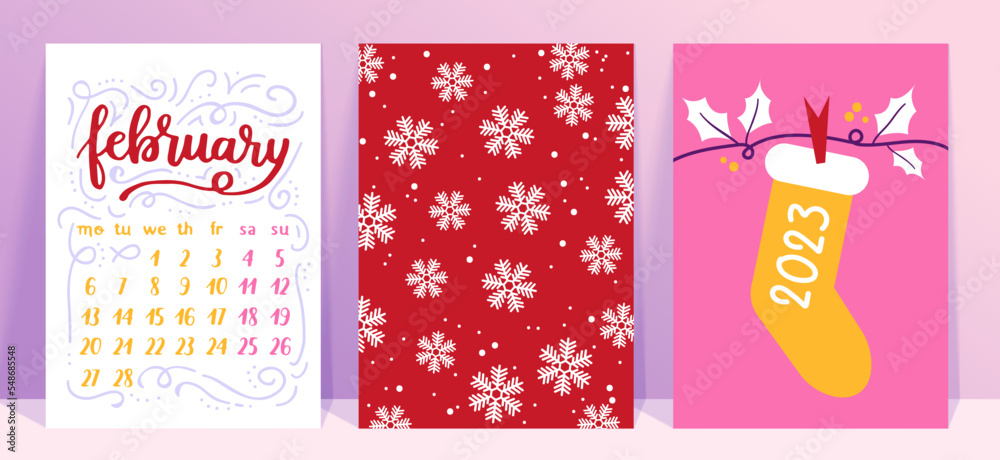 Naklejka premium Vector collection of Christmas poster templates. New year 2023 set of christmas greeting cards. Bright colors. presents and hand written lettering for your invitation and design.