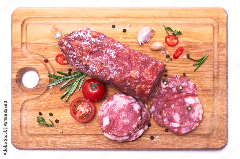 Sliced Smoked dry Salami sausage on wooden cutting board isolated on white background Sliced Smoked dry Salami sausage on wooden cutting board isolated on white background